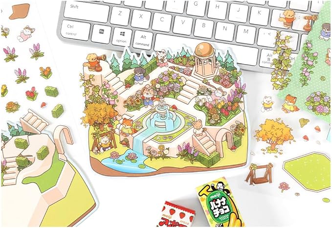 DIY 3D Sticker Scenes Kit: 4 Sets Miniature Room & Shop Stickers for Teens & Adults - Create Your Own Cute Cartoon Worlds, Stress Relief Craft