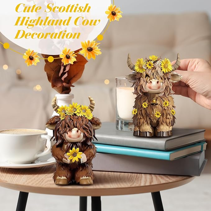 Burbell 2 Pcs Highland Cow Figurines Decor Cow Gnomes with Sunflower Resin Statue Calf Lovers Gifts for Farmhouse Home Garden Bathroom Kitchen Office Tiered Tray Table Decor