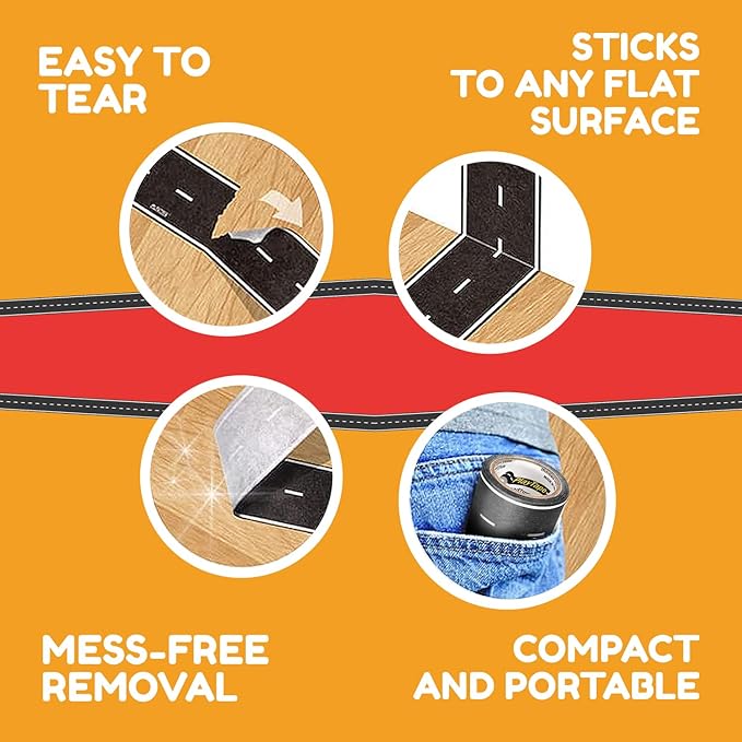 PlayTape Road Tape and Curves for Toy Cars - 1 Roll of 60 ft. x 2 in. Asphalt Road + 1 Roll of 36 Curves