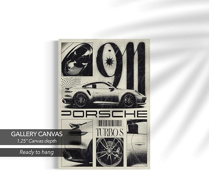 Canvastoria Porsche 911 Turbo S Canvas Wall Art | Black & White Automotive Poster Print | Luxury Sports Car Decor