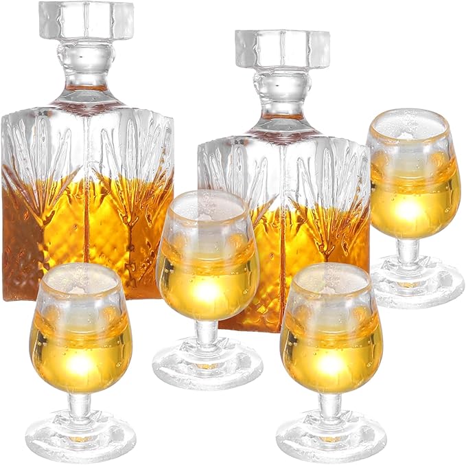 JJUNW 6 Pcs 1:12 Scale Dollhouse Miniature Accessories, A Set of Exquisite Mini Whiskey Wine Bottle Bar Model, Verisimilitude Mini Whiskey Wine Decoration for Décor Dollhouse Accessories (Brown)