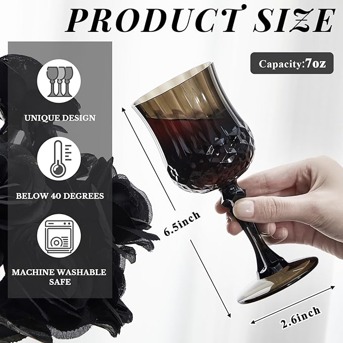 Pinkunn 6 Pcs 7 oz Plastic Vintage Wine Glasses Reusable Colored Goblets Patterned Drinking Water Glasses Cup Dishwasher Safe for Valentine's Day Wedding Reception Party Supplies (Black)