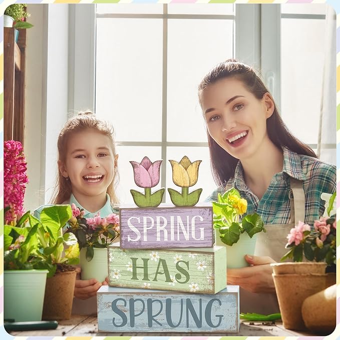 Moucuny 4 Pcs Spring Table Decor Wood Floral Decoration Tulip Centerpiece Spring Tiered Tray Decor Decorative Colorful Flower Block Signs Gift Farmhouse Decoration for Home Kitchen