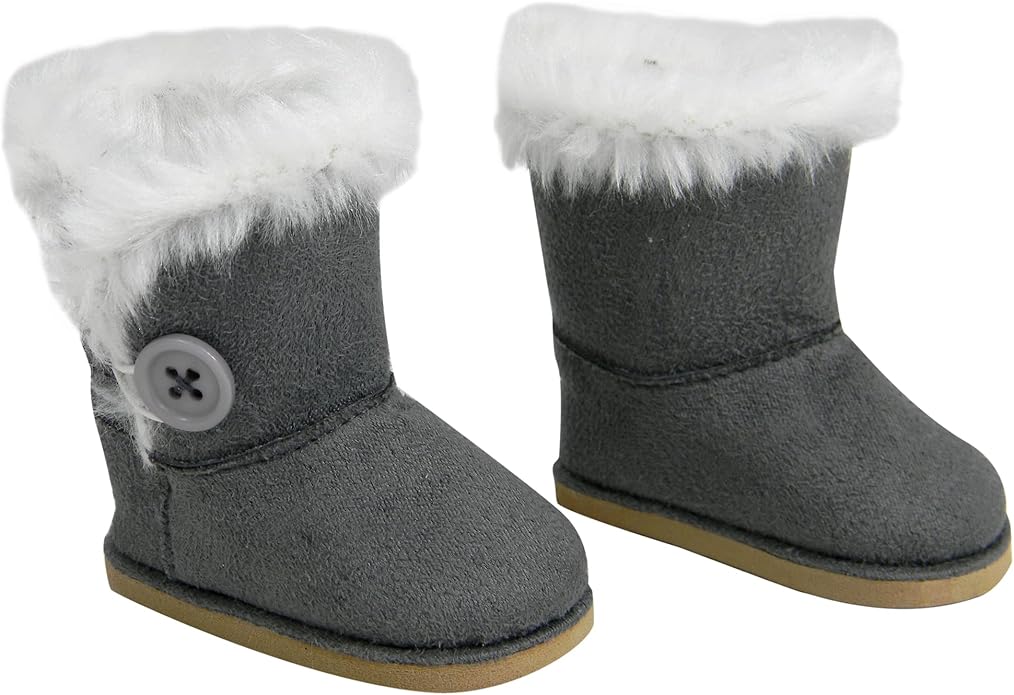 Sophia's Gray Suede Winter Boots with White Faux Fur Lining and Trim Plus Gray Side Button and Soft Tan Soles for 18" Dolls