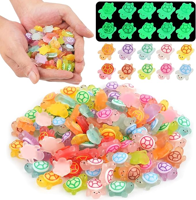 100pcs Luminous Mini Resin Turtles, Glow in the Dark Tiny Sea Turtle Animals to Hide Miniature Figures Small Plastic Ocean Animal for Fairy Garden Micro Landscaping Dollhouse Home Decor Crafts
