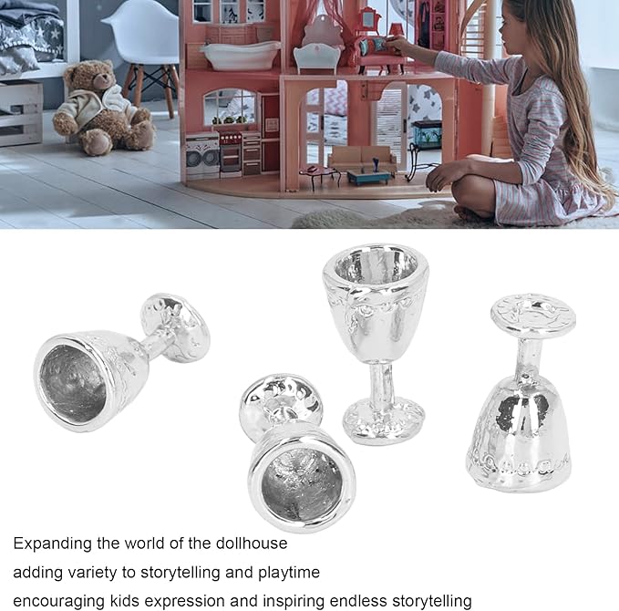 4Pcs Miniature Champagne Wine Glas, Mini Bottles Dollhouse Champagne Set Simulation Miniature Glasses Cups for 1:12 Accessories (4 Silver)
