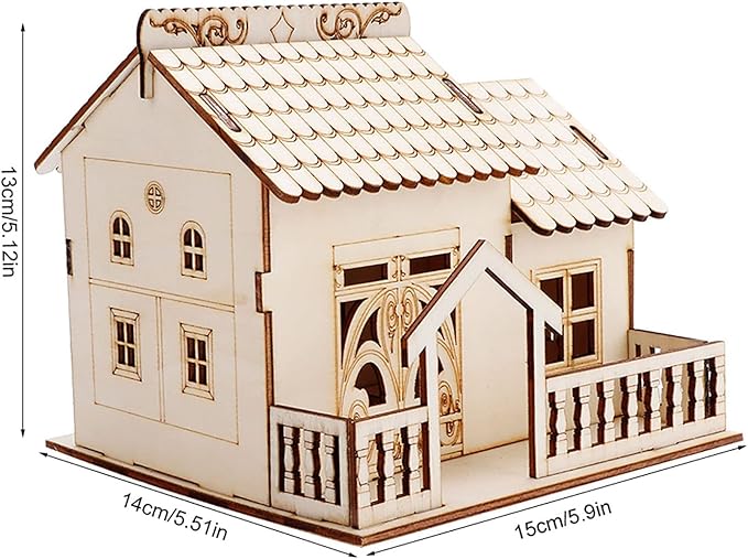 Buachois House Piggy Bank, 13 X 14 X 15cm Miniature Villa Coin Storage Box with Night Light, Wooden Money Bank House Model Dollhouse for Great Desktop Gift(#2)