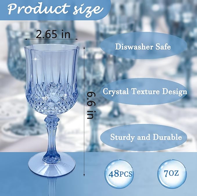 LEYIQU Plastic Wine Glasses, Plastic Goblets Vintage Style Cordial Drinking Glasses for Valentine’s Day, Wedding Reception, Grand Event Party Supplies (48, Blue) | Plastic Goblets, for Parties, Drinking Glasses