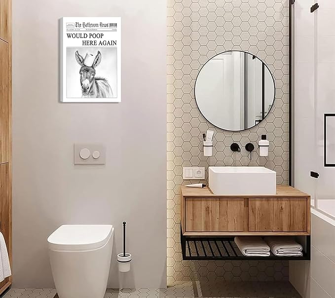 Black White Bathroom Silly Donkey Canvas Wall art Funny Donkey Toilet Paper On head Painting Picture Wall Decor Humorous Animals Poster Print Artwork for Toilet Bathroom Home Decoration 16x24in