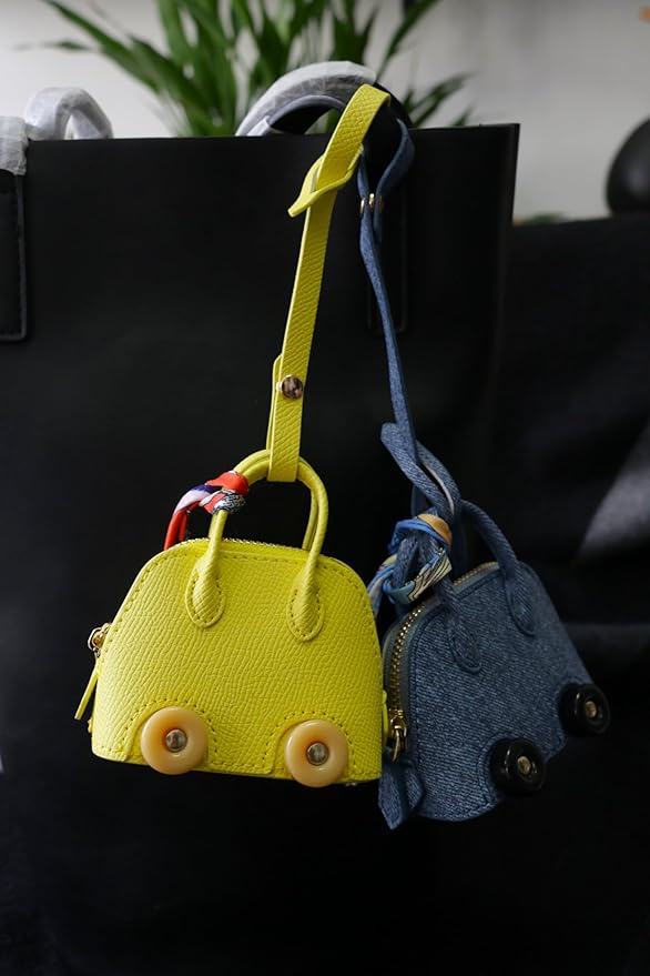 Buyborgood Women's 2 PCS Mini Tote Bag Charms Keychain Pouch Small Coin Purse Wallet, Denim+Yellow
