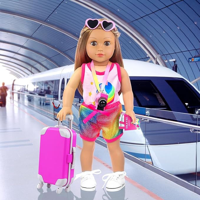 ZITA ELEMENT 24 Pcs 18 Inch Girl Doll Accessories Suitcase Luggage Travel Set Including 18 Inch Doll Clothes Luggage Pillow Blindfold Sunglasses Camera Computer Cell Phone Ipad and Other Stuff