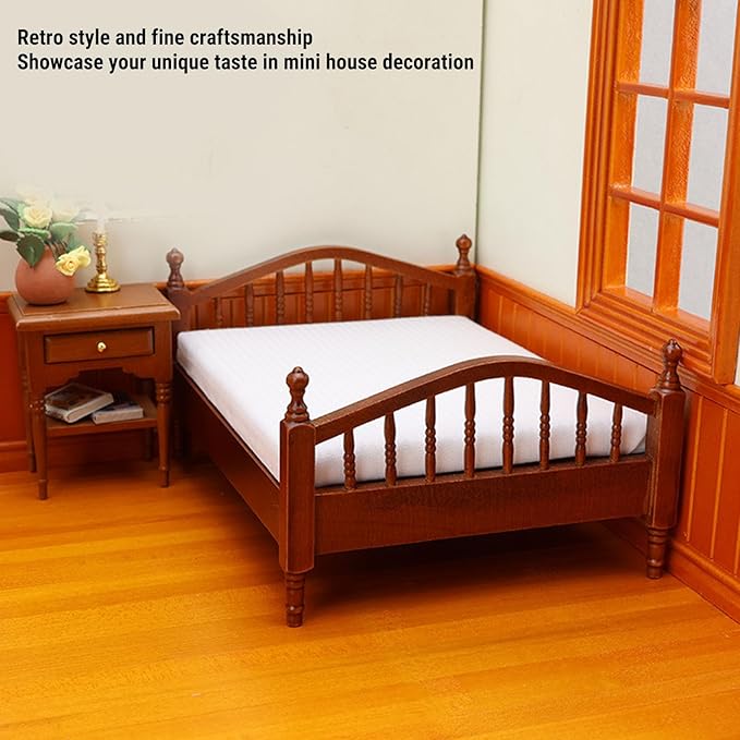 Vintage Wooden Bed, Dollhouse Miniature Bed Decorative 1:12 Mini House Furniture with Realistic Design for Dollhouse Display