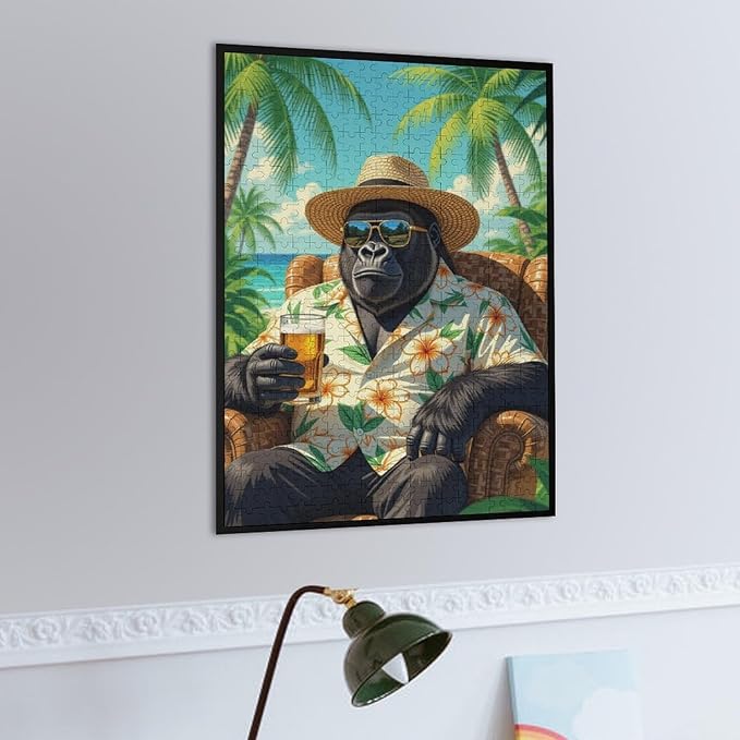 Summer Gorilla – 1000 Piece Jungle Wooden Jigsaw Puzzle, Playful Summer Gorilla Artwork, Brain Teaser, Family Fun, Stress Relief