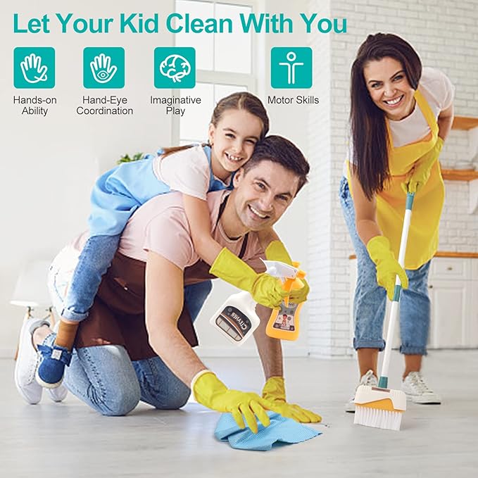 Coolplay 12pcs Mop and Cleaning Toys Set Kids Toddlers Pretend Play Broom Set, Detachable Broom Mop Dustpan for Kids Girl Toys