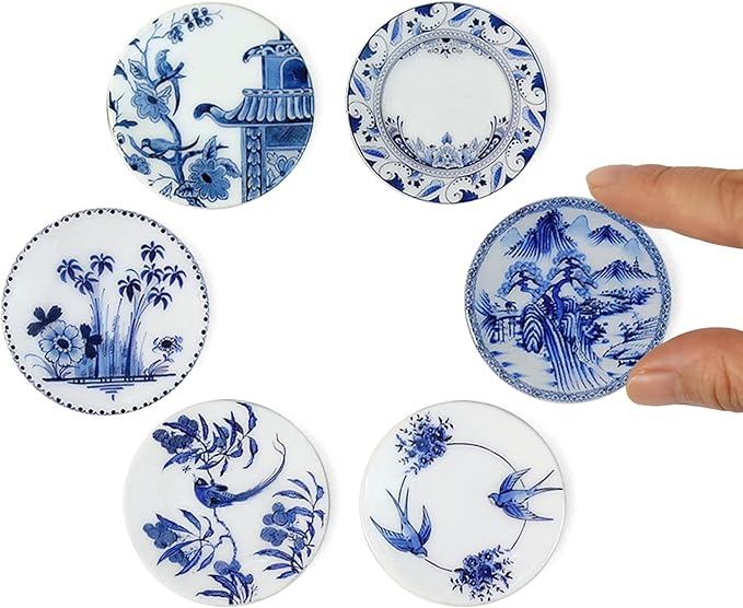 6PCS Handcrafted Miniature Ceramic Plates in 1:12 or 1:6 Scale, Vintage Porcelain Playhouse Dishes (Blue-White C, 4CM)