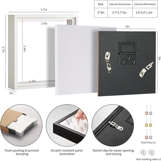 3x3 Small Square Shadow Box Picture Frame Display Case with Soft Linen Back,Small Mini Tiny White Deep Shadow Memory Box Frame 3x3 for Nsect Specimen Baby Wedding Pet Graduation Medal Souvenir