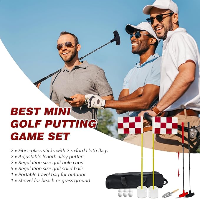 Golf Flagstick Mini Putt Set - Outdoor Battle Putting Game for Sand Beach/Backyard/Driving Range,Detachable Golf Pin Flag Hole Cup Set with 2 Adjustable Putters &Carry Bag, Gift Idea for Men/Boys