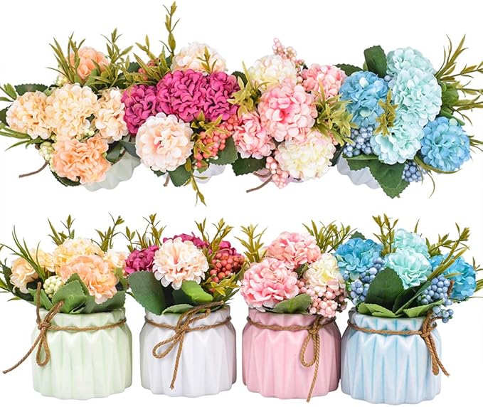Artificial Flower Plants – Mini Fake Hydrangea Flowers in Pot for Home Decor Party Wedding Office Patio Table Desk Decoration, Set of 4, Size: 3.3''(Diameter) x 5.5''(Tall)