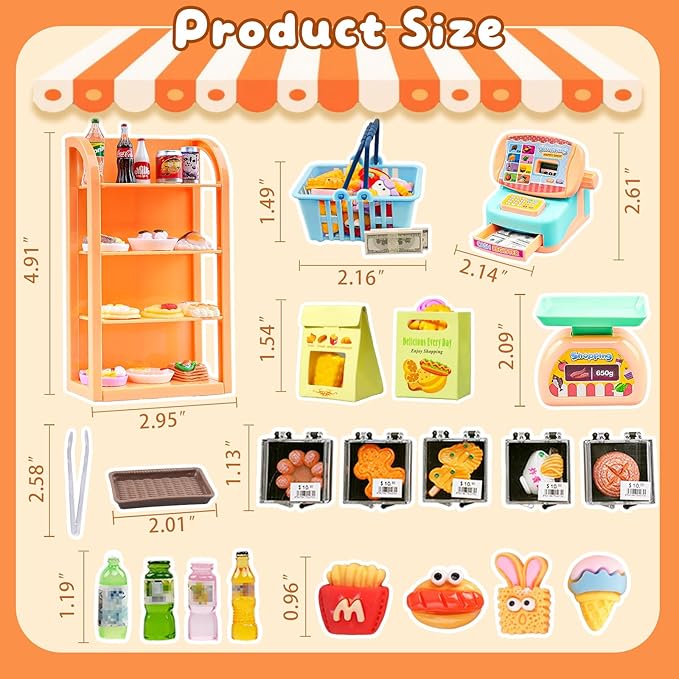199Pcs Dollhouse Miniature Store Grocery Accessories Mini Shopping Basket 4 Three-Layer Shelves Supermarket Food Drink Bottle Fruit Toy Kitchen Play Game Cash Register Lunch Box