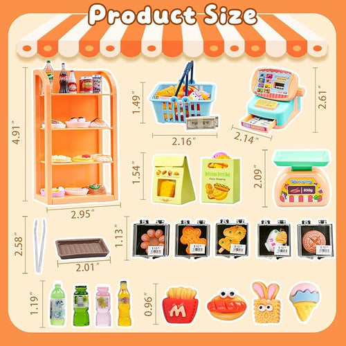 199Pcs Dollhouse Miniature Store Grocery Accessories Mini Shopping Basket 4 Three-Layer Shelves Supermarket Food Drink Bottle Fruit Toy Kitchen Play Game Cash Register Lunch Box