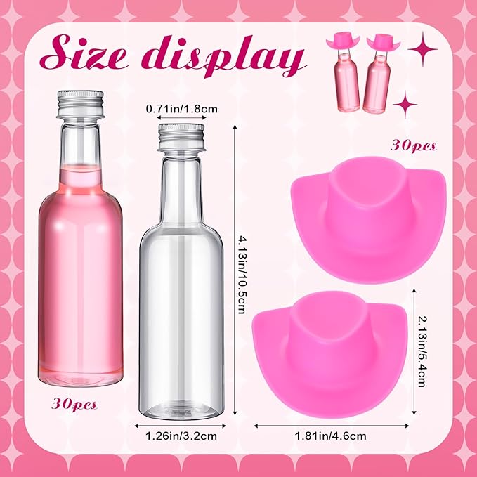 Baderke 30 Packs 1. 7 oz Mini Liquor Bottles with Caps and Mini Cowboy Hats Plastic Shot Bottles with Cap and Cowgirl Hat for Birthday Wedding West Cowboy Bachelorette Party