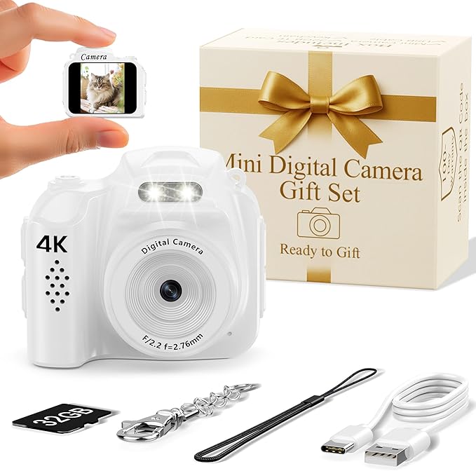 FLATIC Mini Keychain Camera –4K Digital Tiny Camera with 32GB Card & Elegant Gift Box, Fun Pocket-Sized Gadget for Kids & Adults, Collectible Gift for Travel, Birthdays & Stocking Stuffers (White)