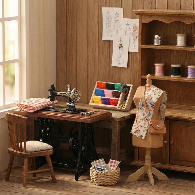 Dollhouse Accessories Miniature Sewing Tool Kit 1:12 Sewing Room Accessories Sewing Basket Simulation Model Dollhouse Decorations (C)