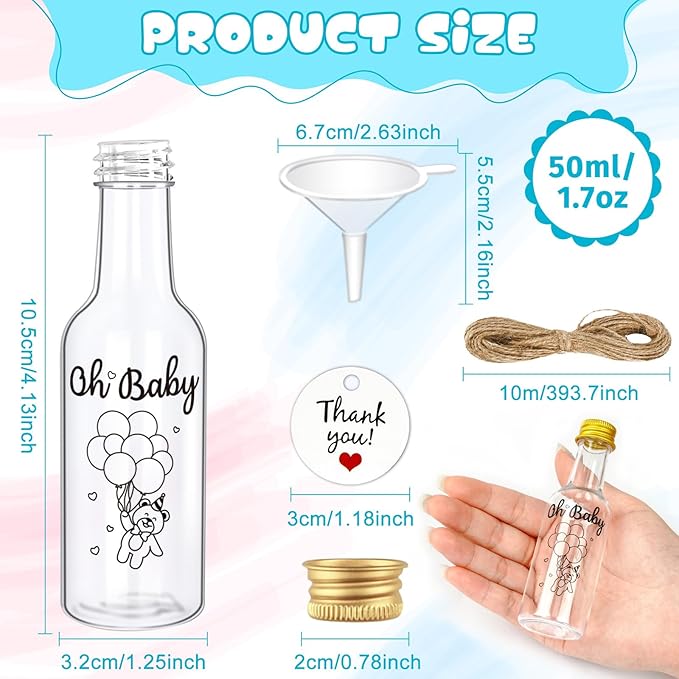OurWarm 50 Pack Baby Shower Mini Liquor Bottles, 1.7oz/50ml Empty Plastic Shot Bottles with Gold Screw Caps Funnels Tags & Twines for Juice Wine Alcohol Juicing Ginger Shots Gender Reveal Party Favors
