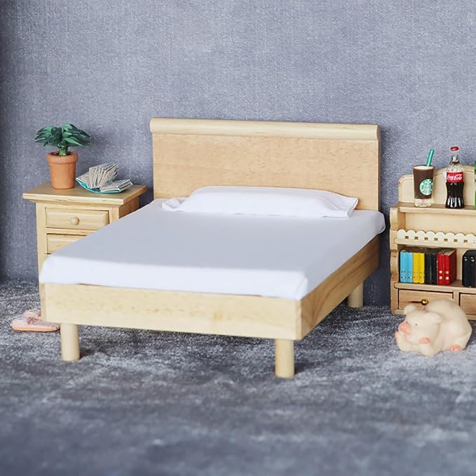 1/12 Dollhouse Bed Miniature Queen Woode Bed for Dollhouse Bedroom Furniture Accessories (Wood)
