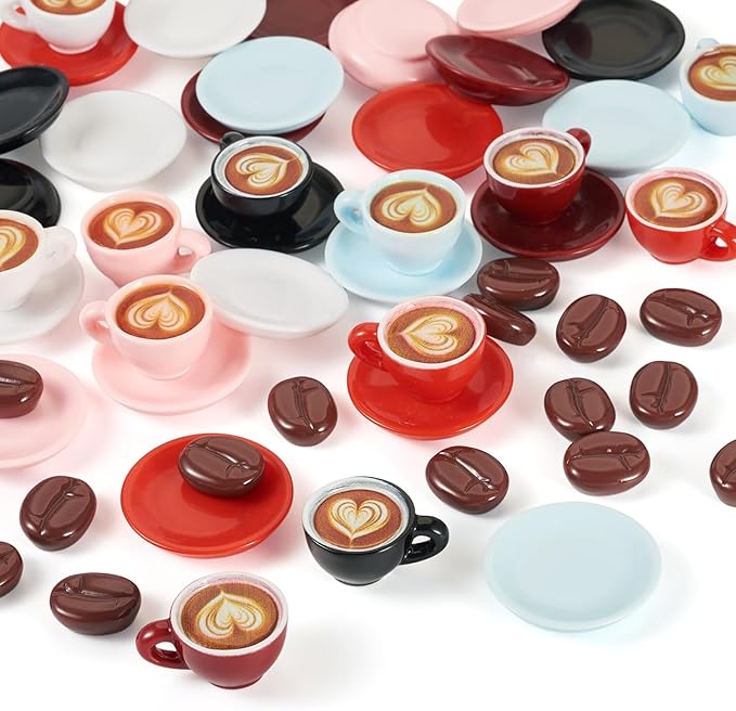 40Pcs Resin Mini Coffee Bean Cups Plates Dishes Miniature Kitchen Set Fake Drink Food Coffee Mug Lovely Tableware Dollhouse Ornaments for Desktop Decorations Crafts Micro Landscape