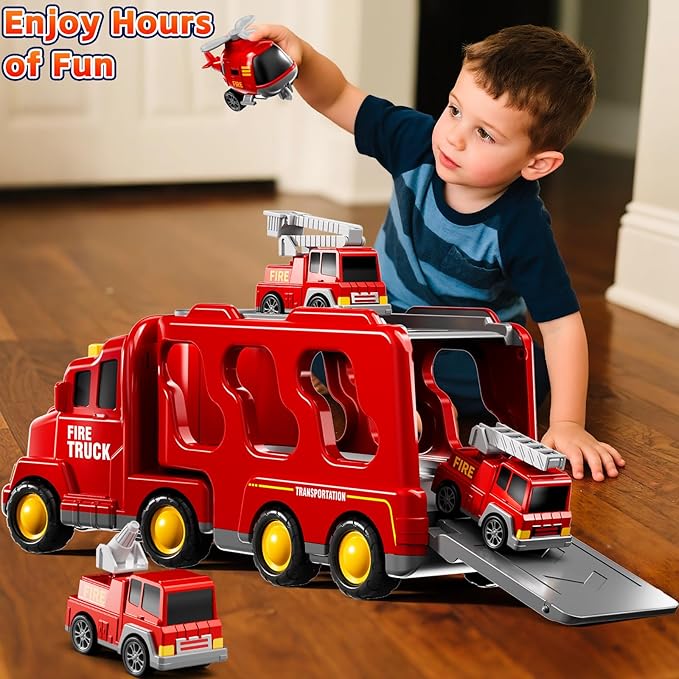 Fire Truck Toys for Toddler 1-3 3-5, 5-in-1 Fire Car Carrier Vehicle Set for Girls 1 2 3 4 5 6 Years Old, Transport Car with Light Sound, Birthdays Gifts for Kids Girls Aged 3-9