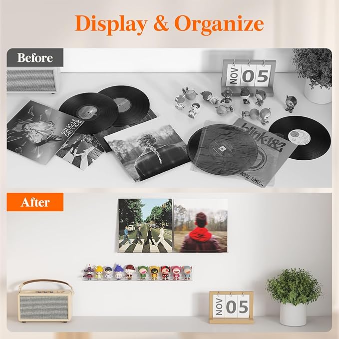 Lifewit Floating Shelves for Vinyl Record, 8 Pack 12" Clear Acrylic Wall Shelf Room Decor for Book/Photo/Picture/Makeup Display in Bedroom, Living Room, Bathroom Storage and Organization