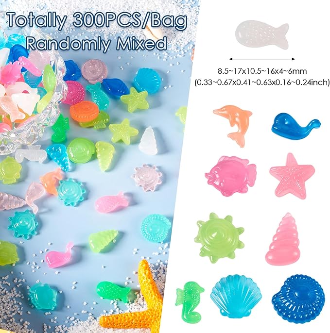 Beadthoven 300Pcs Glow in The Dark Sea Shells Starfish Luminous Pebbles Plastic Seashells Conch Sea Animal Glow Stones for Table Scatters Beach Mermaid Party Decoration Vase Fillers DIY Crafts