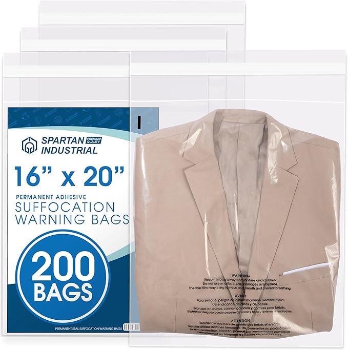 SPARTAN INDUSTRIAL - 16" X 20" (200 Count) Self-Seal Clear Poly Bags With Suffocation Warning for Packaging, Blankets, Clothing - Permanent Adhesive