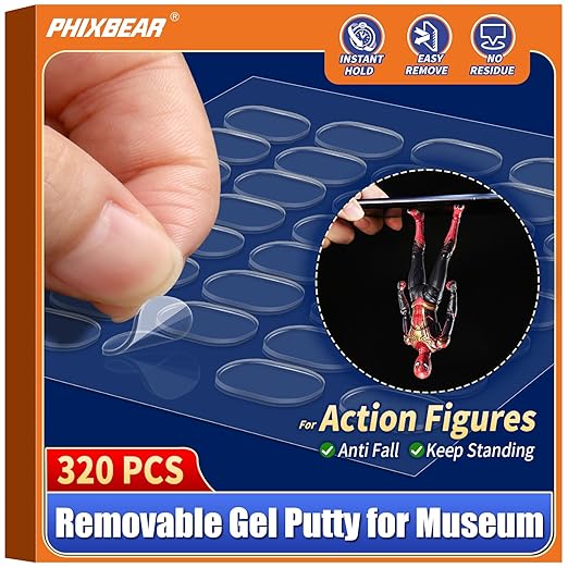 PHIXBEAR 320 Pcs Removable Gel Glue Putty for Museum Action Figures, Clear Earthquake Putty Adhesive Dots, Sticky Tack for Wall Hanging, 0.31x 0.51 Wax Mounting Tape