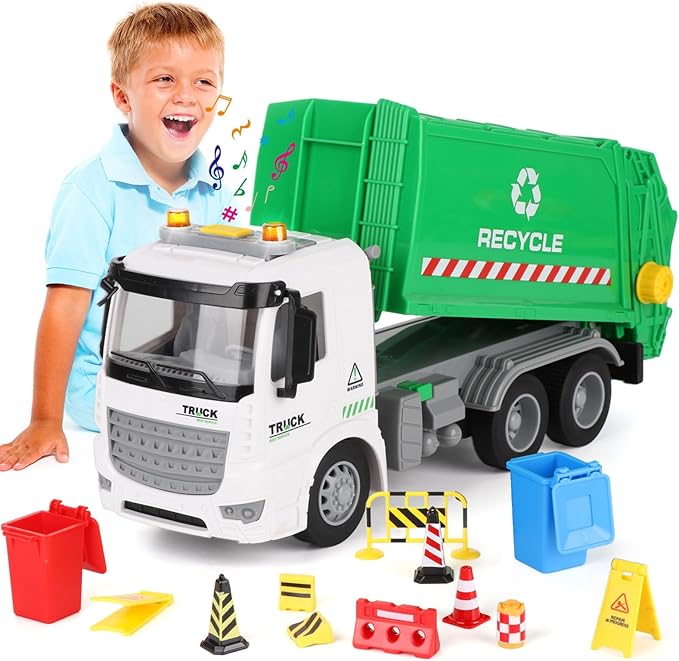 11.8" Mini Garbage Truck Toy, Trash Truck Toy with Dumping Function, Friction Powered, Sound and Lights for Age 3-7 Years Old Boys Girls Birthday Gifts
