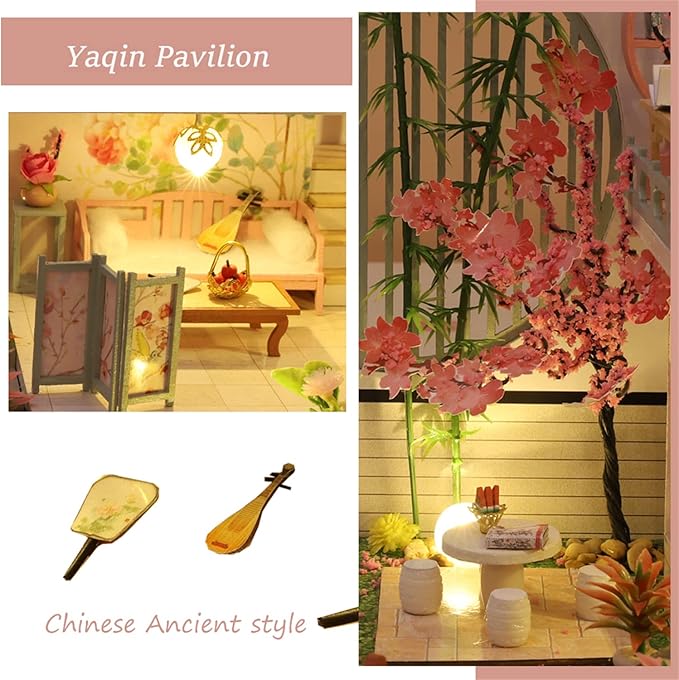 Kisoy Dollhouse Miniature with Furniture Kit, Handmade Chinese Style Loft DIY House Model for Teens Adult Gift (Yaqin Pavilion)