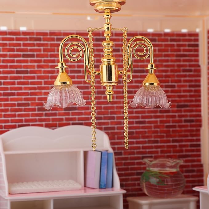 Toyvian Miniature Dollhouse Chandelier: 1/12 Scale Dollhouse Ceiling Lamp Led Battery Operated, Chrystaline Miniature Lamp for Doll House Decoration Accessories