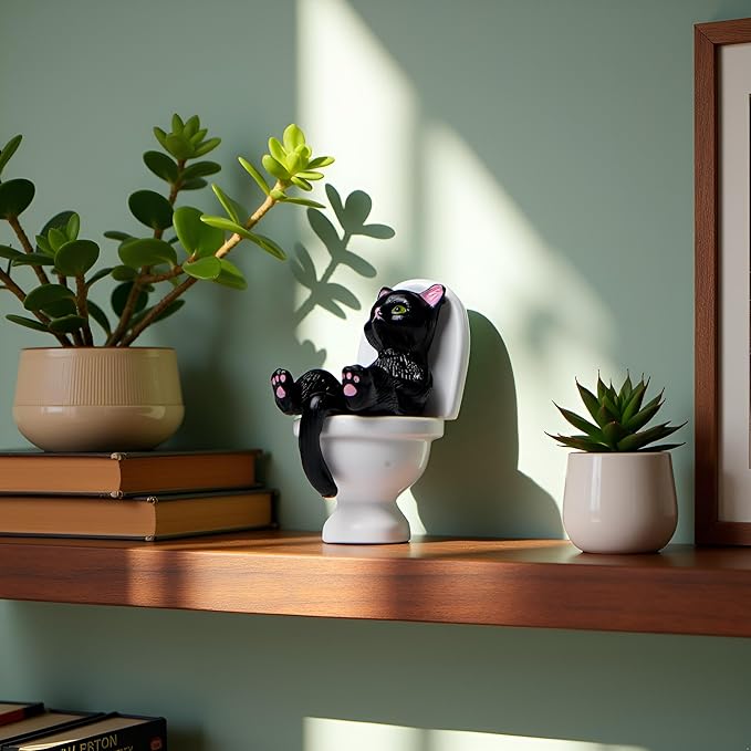 Black Cat On Toilet Ornaments Landscaping Garden Decoration Mini Cat Statue Dollhouse Accessories Household Desktop Model Home Decorations Cat Figurine Garden Miniatures