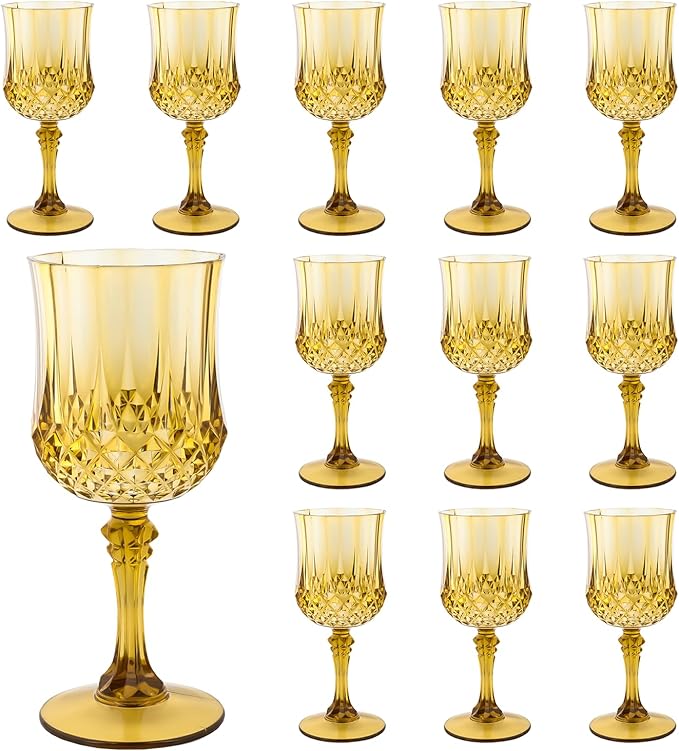 LEYIQU Plastic Wine Glasses, Plastic Goblets Vintage Style Cordial Drinking Glasses for Valentine’s Day, Wedding Reception, Grand Event Party Supplies (12, Gold)