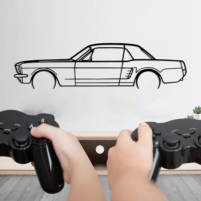 DecoSoul Mustang Metal Car Wall Art, Sports Car, Automotive Silhouette Line Decoration, Minimalist Sculpture for Garage, Indoor Outdoor Wall Hanging, Gift for Boyfriend (Black - 35 x 9.6” inch)
