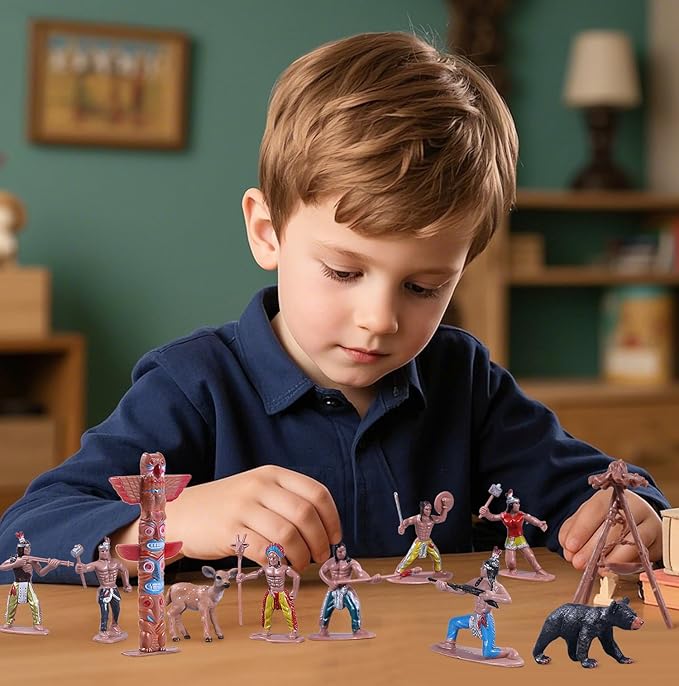 31Pcs Native American Village Playset, Assorted Indigenous People Figures with Tepee, Totem Pole, Fence, Trees, Animals, Tribal Cultural History Educational School Project Toys for Kids