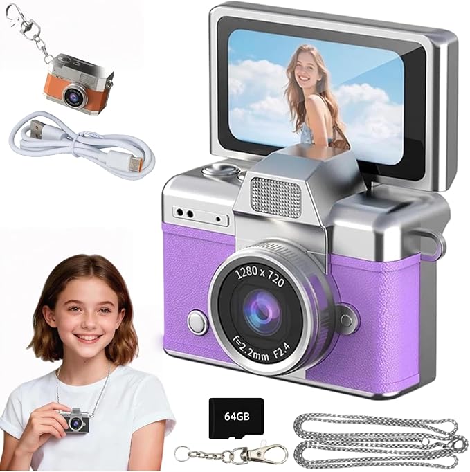 Mini Digital Camera Keychain Retro Mini Digital Video Camera Small 1080P FHD Recording with 0.96" IPS Screen with 6 Retro Filters AVI Format-Ideal for Phone Transfer (64GB, Purple)