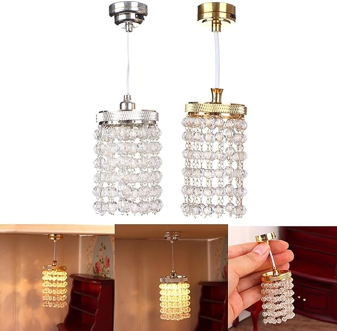 LUOZZY Dollhouse Lights Battery Operated Crystal Miniature Chandelier Led Lighting 1 12 Scale (Silver)