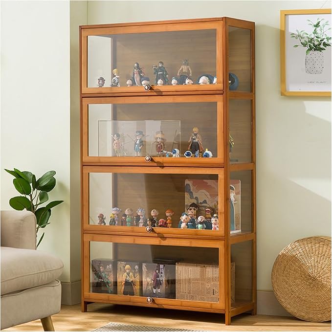 Curio Display Cabinet with Acrylic Doors for Collectibles Small Curio Cabinet 4 Tier 3 Tier Figures Display Case Toys Display Shelves Vitrina Storage Cabinet,Brown,4 Tier_Flip Up Door