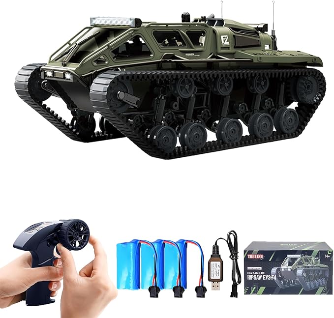 Remote Control Tank, 1:16 Scale 2.4GHz All Terrain RC Crawler, 4WD Off-Road Armored Tank, 360° Rotating Drifting Truck Toy Vehicle with Lights, Rechargeable Battery Gifts for Teens