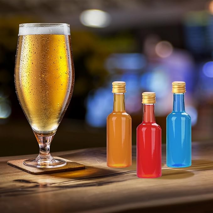 Voittozege 100 Pcs 1.7 oz Mini Liquor Bottles,Airtight Shot Bottles with Caps 10 Pcs Funnels 100 Pcs Kraft Tags and 65 ft Rope,Little Spirit Bottle for Cocktail,Party Favors,Weddings (gold Cap)