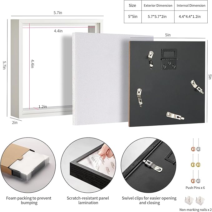 5x5 Shadow Box Picture Frame Display Case with Soft Linen Back-Thickened Panel,Small Mini White Deep Shadow Memory Box Frame 5x5 for Insect Display Pet Photo Memorial Flower Craft
