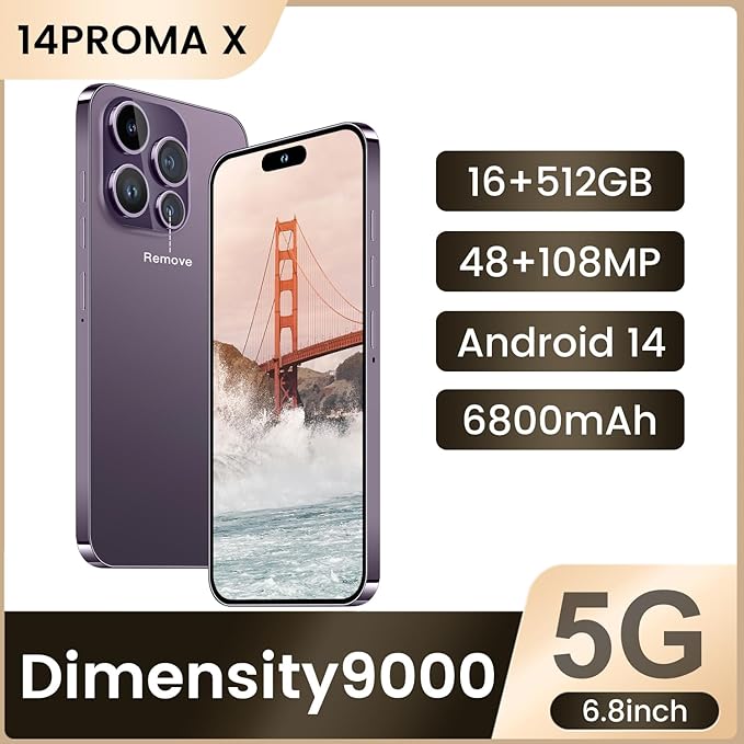 Huness 14PROMA X Smartphone Unlocked Cell Phone,Battery 6800mAh 6.82" HD Screen Unlocked Phones,16+512GB Android 14 with 128GB Memory Card,Dual SIM/Fingerprint Lock/Face ID/GPS(Purple, 16+512G)