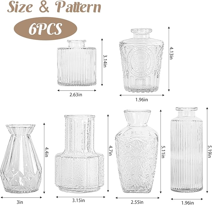 6Pcs Glass Bud Vase Set,Small Flower Vase for Tables Centerpieces Decor, Mini Vintage Clear Vase for Home,Wedding,Party Decorations
